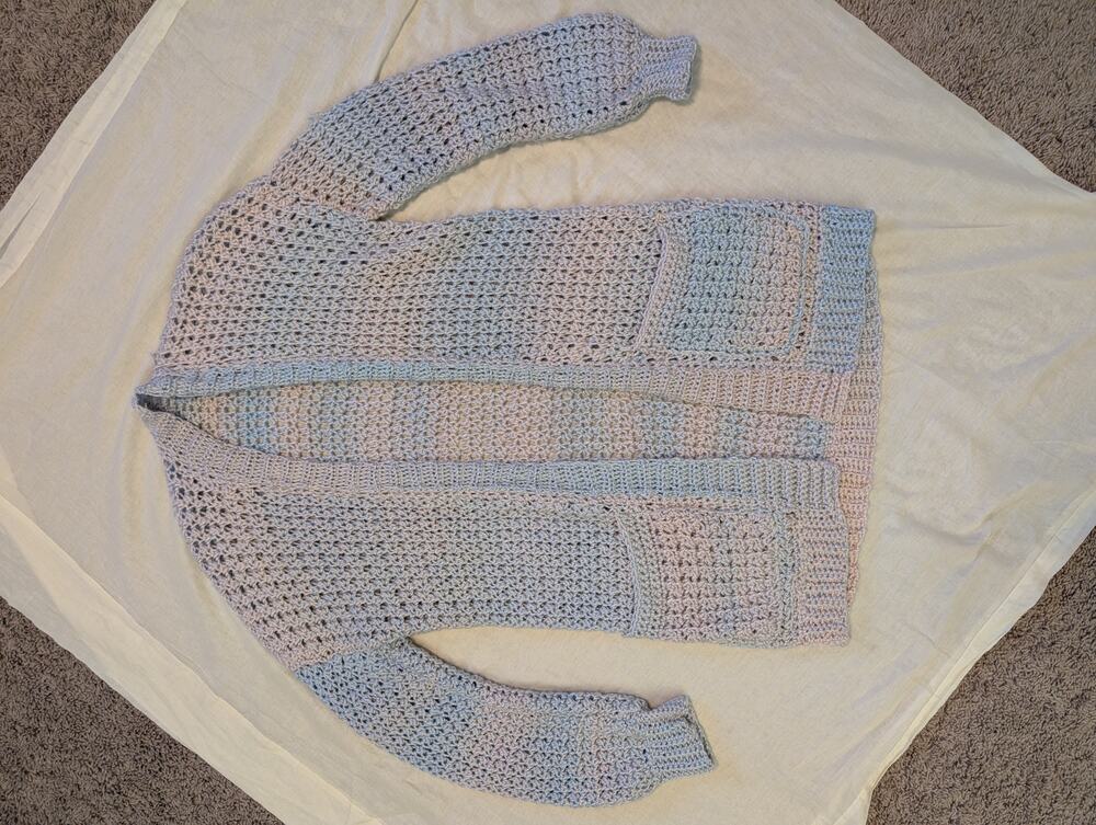 Handmade Crochet Cardigan Sweater Pastel Space Dye Open Front Pockets
